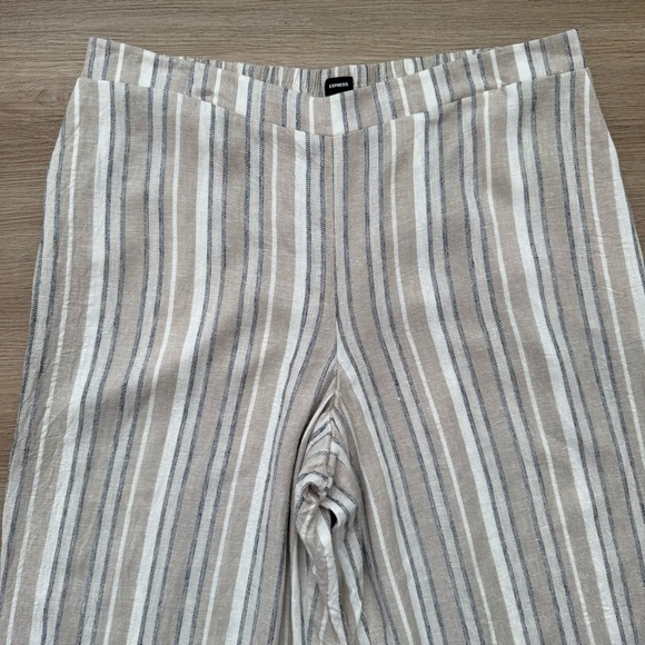 Express Linen Blend High Rise Striped Wide Leg Pants Blue Ivory Beachy Lounge XL - Picture 2 of 8